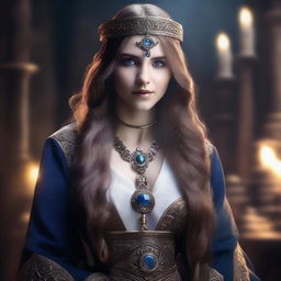 A detailed portrait of a female sorceress with long hair and a magical eye, set in an academy setting