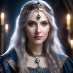 A detailed portrait of a female sorceress with long hair and a magical eye, set in an academy setting