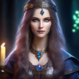 A detailed portrait of a female sorceress with long hair and a magical eye, set in an academy setting