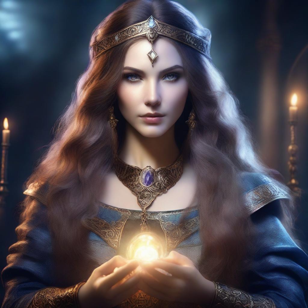 A detailed portrait of a female sorceress with long hair and a magical eye, set in an academy setting