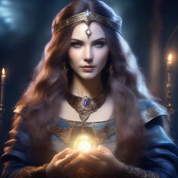 A detailed portrait of a female sorceress with long hair and a magical eye, set in an academy setting