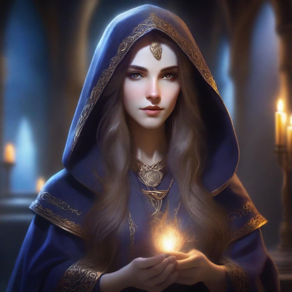 A detailed portrait of a female sorceress with long hair, wearing a hood, set in an academy environment