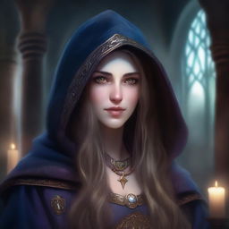 A detailed portrait of a female sorceress with long hair, wearing a hood, set in an academy environment