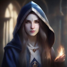 A detailed portrait of a female sorceress with long hair, wearing a hood, set in an academy environment