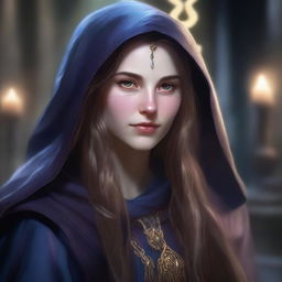 A detailed portrait of a female sorceress with long hair, wearing a hood, set in an academy environment