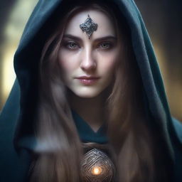 A detailed portrait of a female sorceress with long hair, wearing a hooded cloak