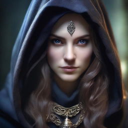 A detailed portrait of a female sorceress with long hair, wearing a hooded cloak