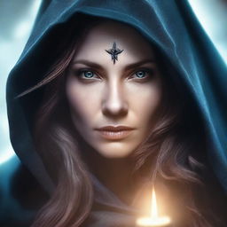 A detailed portrait of a female sorceress with long hair, wearing a hooded cloak