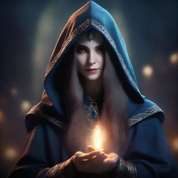 A detailed portrait of a female sorceress with long hair, wearing a hooded cloak