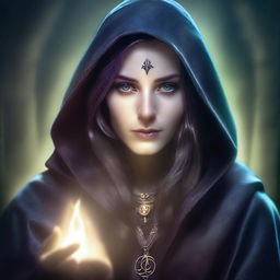 A detailed portrait of a female sorceress with long hair, wearing a hooded cloak