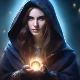 A detailed portrait of a female sorceress with long hair, wearing a hooded cloak