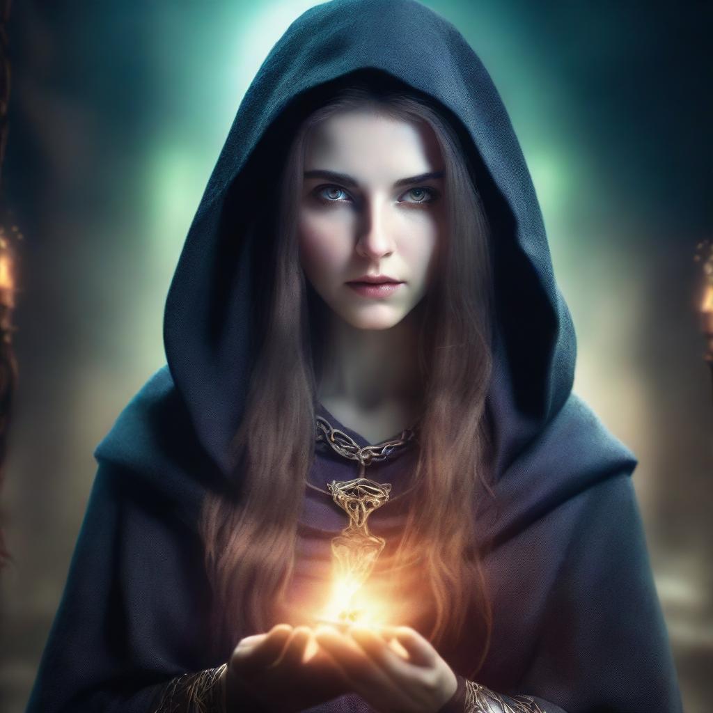 A detailed portrait of a female sorceress with long hair, wearing a hooded cloak