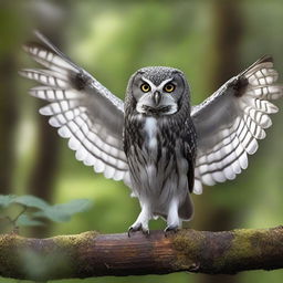 An Owling with dark, mottled plumage in shades of gray and black that allows it to blend into the shadows of the night