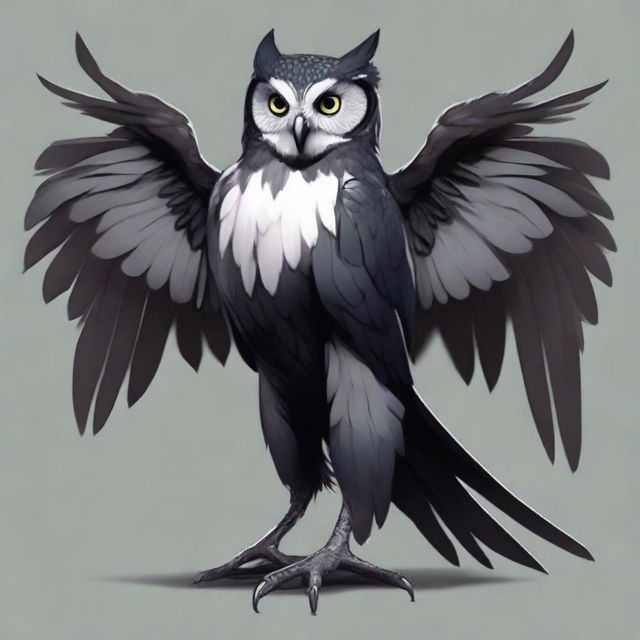 Generate a Dungeons and Dragons character of the Owling race with black and gray plumage