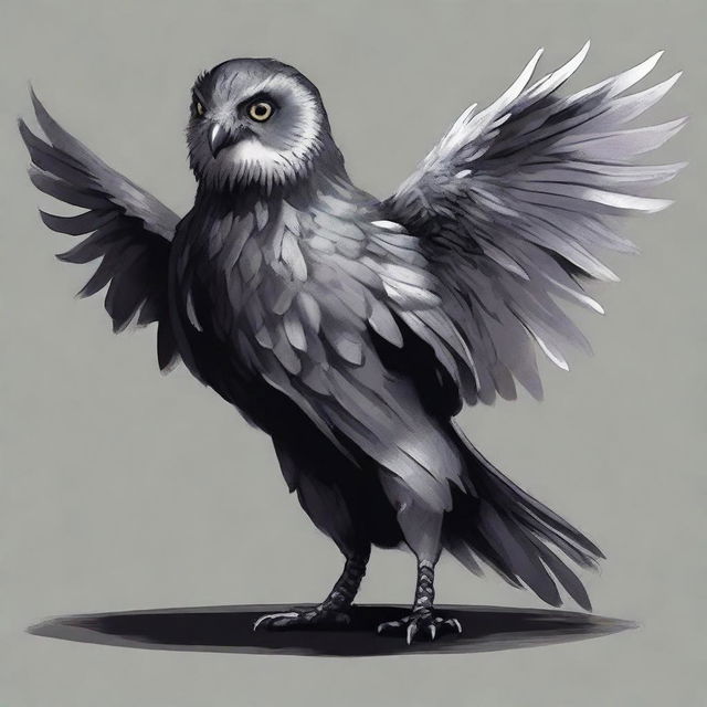 Generate a Dungeons and Dragons character of the Owling race with dark, mottled plumage in shades of gray and black that allows it to blend into the shadows of the night