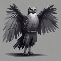 Generate a human-sized Dungeons and Dragons character of the Owling race with dark, mottled plumage in shades of gray and black that allows it to blend into the shadows of the night