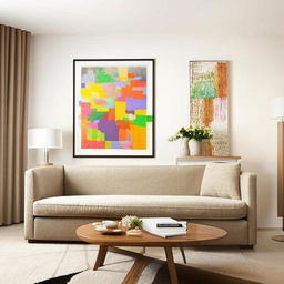 A cozy and well-lit living room with a comfortable sofa, a large flat-screen TV, a coffee table with a vase of flowers, and walls displaying tastefully chosen artwork.