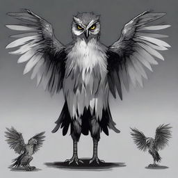 Generate a human-sized Dungeons and Dragons character of the Owling race with dark, mottled plumage in shades of gray and black that allows it to blend into the shadows of the night