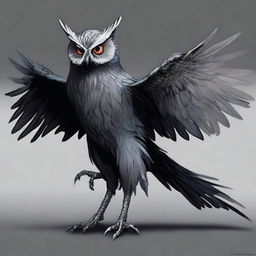 Generate a human-sized Dungeons and Dragons character of the Owling race with dark, mottled plumage in shades of gray and black that allows it to blend into the shadows of the night