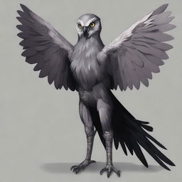 Generate a human-sized Dungeons and Dragons character of the Owling race with dark, mottled plumage in shades of gray and black that allows it to blend into the shadows of the night