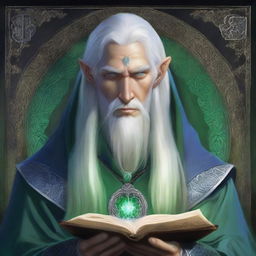 Mornemir Tirnael, a noble elven wizard with ash-colored skin and long silver hair, has piercing blue eyes that convey wisdom and sorrow