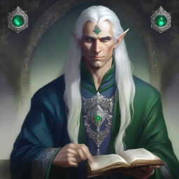 Mornemir Tirnael, a noble elven wizard with ash-colored skin and long silver hair, has piercing blue eyes that convey wisdom and sorrow