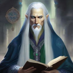 Mornemir Tirnael, a noble elven wizard with ash-colored skin and long silver hair, has piercing blue eyes that convey wisdom and sorrow