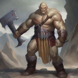 A powerful half-orc barbarian with white skin, red eyes, and blond hair