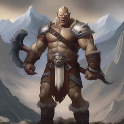 A powerful half-orc barbarian with white skin, red eyes, and blond hair