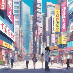 A vibrant and detailed anime scene featuring characters in a lively city