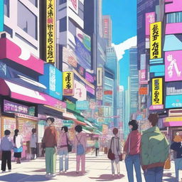 A vibrant and detailed anime scene featuring characters in a lively city