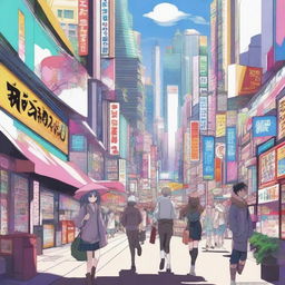 A vibrant and detailed anime scene featuring characters in a lively city