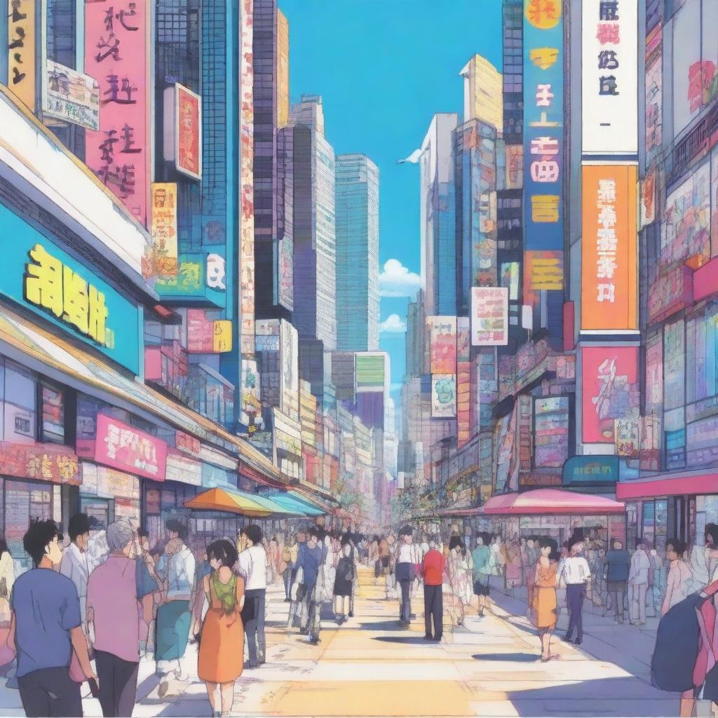 A vibrant and detailed anime scene featuring characters in a lively city