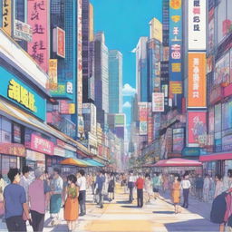 A vibrant and detailed anime scene featuring characters in a lively city