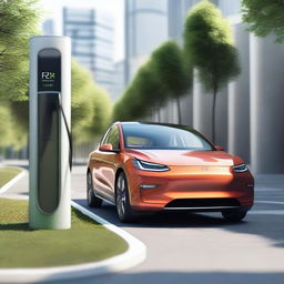 A detailed image of an electric car at a charging station