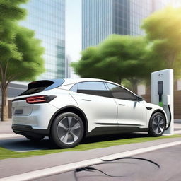 A detailed image of an electric car at a charging station