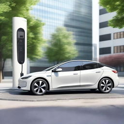 A detailed image of an electric car at a charging station