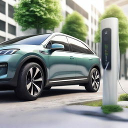 A detailed image of an electric SUV at a charging station