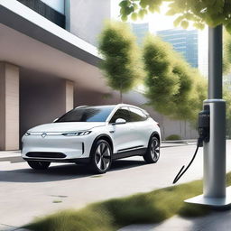 A detailed image of an electric SUV at a charging station