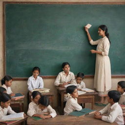 An uplifting scene depicting Indian education with children engrossed in learning at a traditional school, using books and chalkboards with a backdrop of Indian cultural elements.