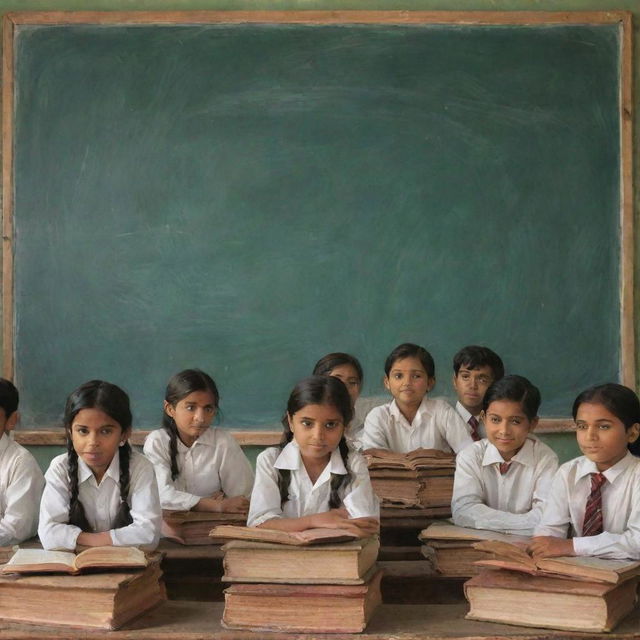 An uplifting scene depicting Indian education with children engrossed in learning at a traditional school, using books and chalkboards with a backdrop of Indian cultural elements.