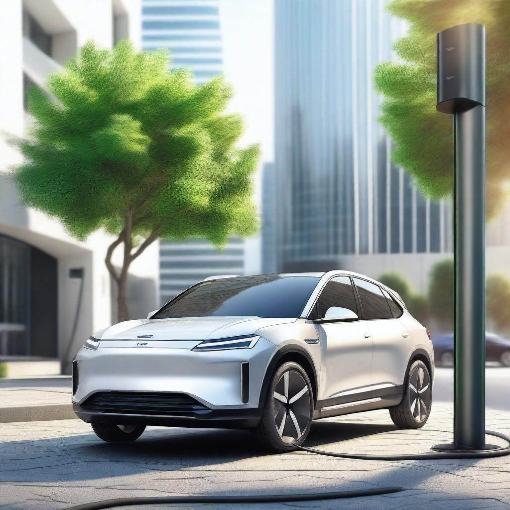 A detailed image of an electric SUV at a charging station