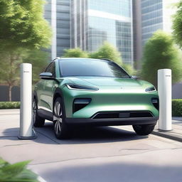 A detailed image of an electric SUV at a charging station