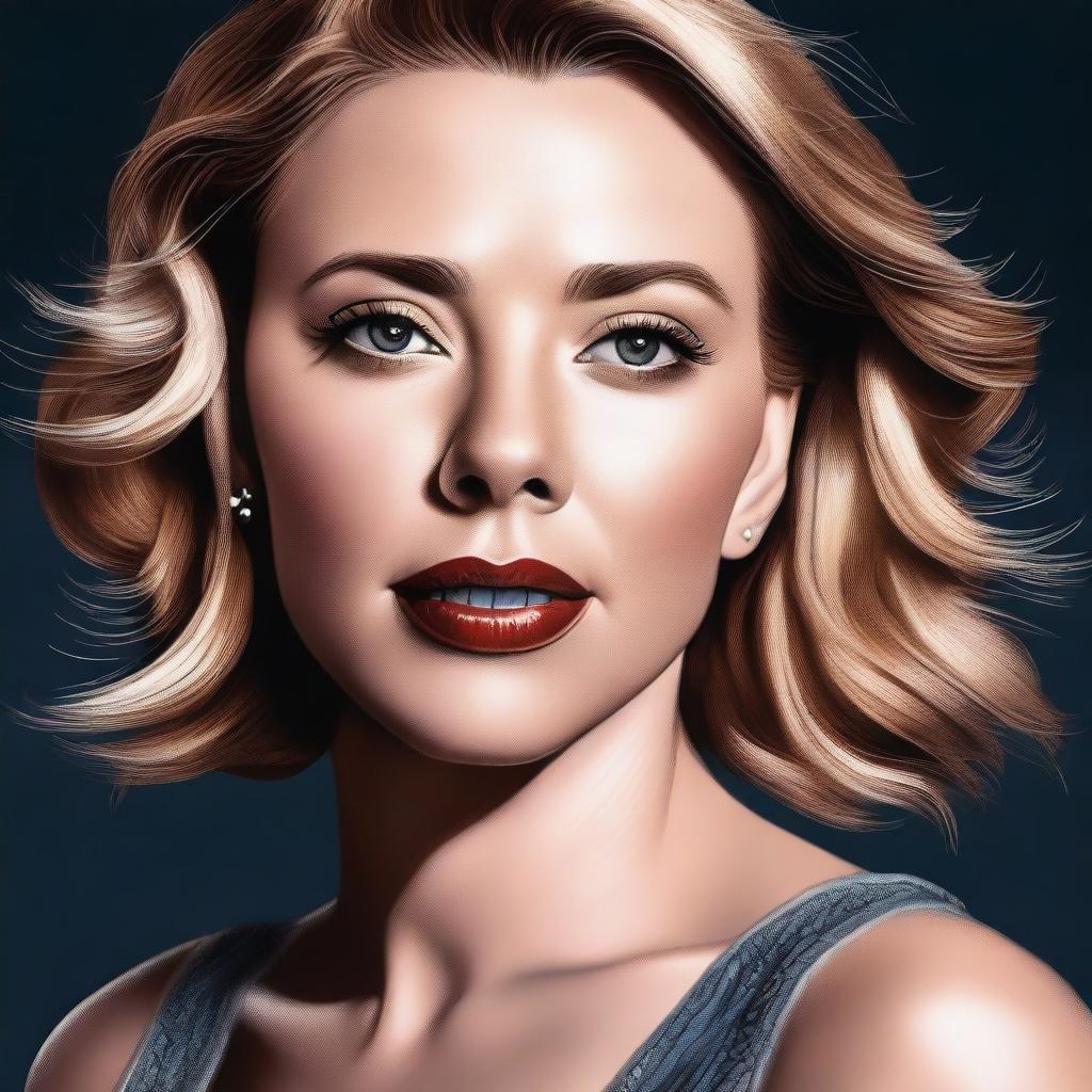 A realistic and detailed portrait of Scarlett Johansson, capturing her stunning features and confident expression