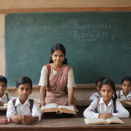 An uplifting scene depicting Indian education with children engrossed in learning at a traditional school, using books and chalkboards with a backdrop of Indian cultural elements.