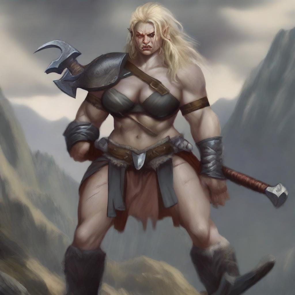 A powerful half-orc barbarian woman with white skin, red eyes, and blond hair