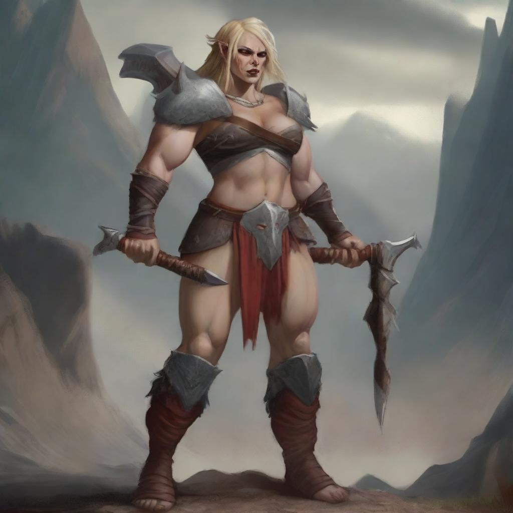 A powerful half-orc barbarian woman with white skin, red eyes, and blond hair