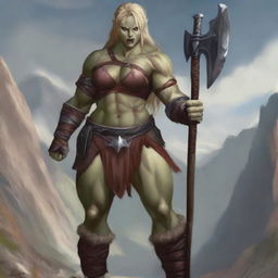 A powerful half-orc barbarian woman with white skin, red eyes, and blond hair