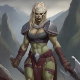 A powerful half-orc barbarian woman with white skin, red eyes, and blond hair