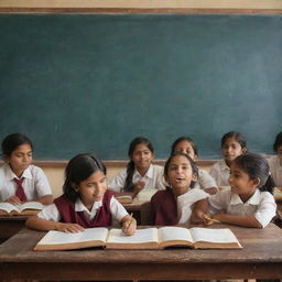 An uplifting scene depicting Indian education with children engrossed in learning at a traditional school, using books and chalkboards with a backdrop of Indian cultural elements.